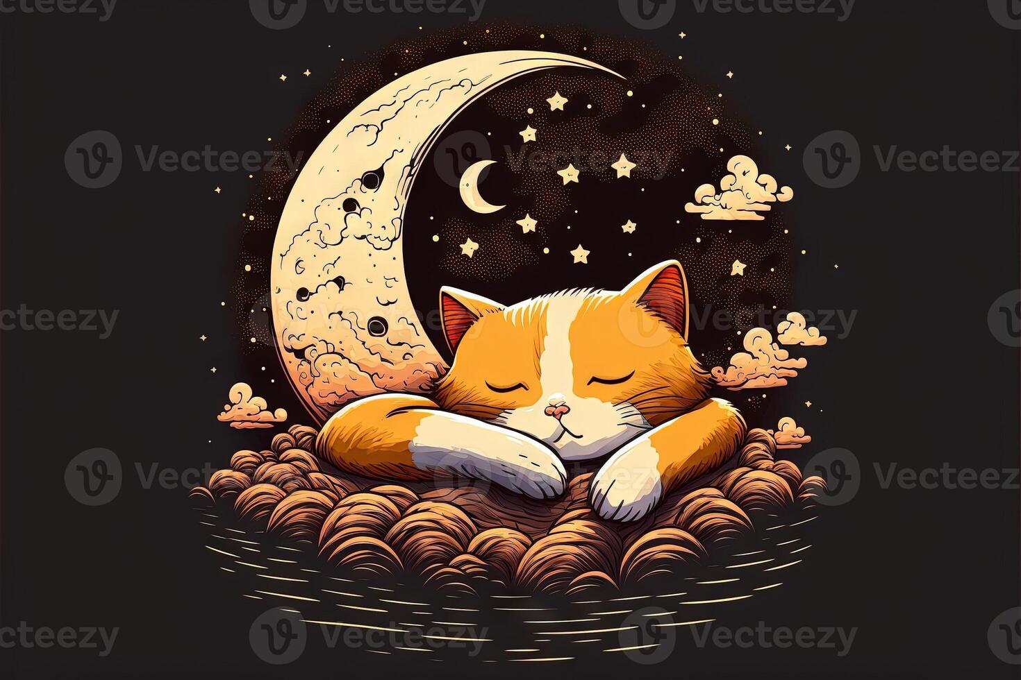cat sleeping on half moon illustration photo