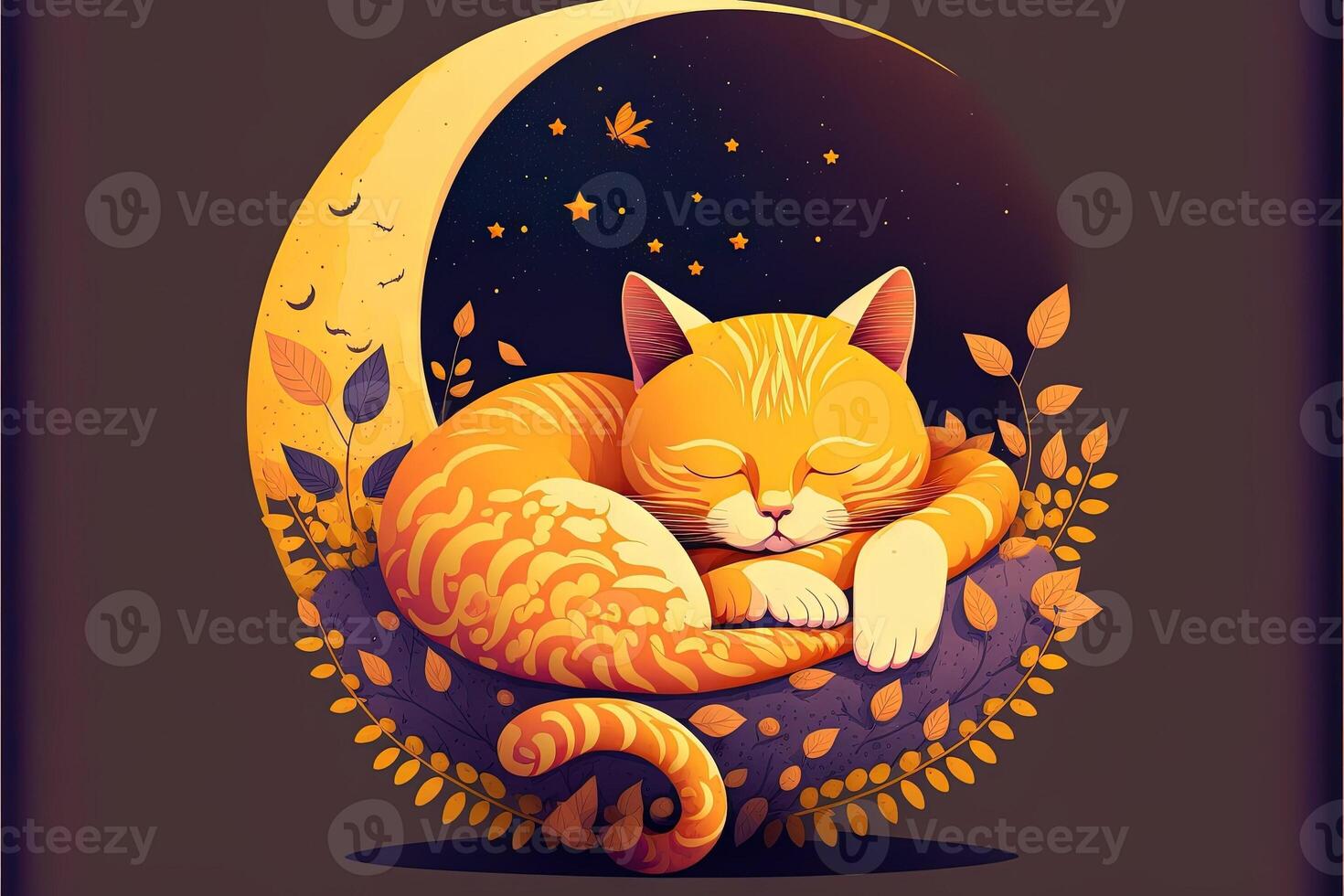 cat sleeping on half moon illustration photo