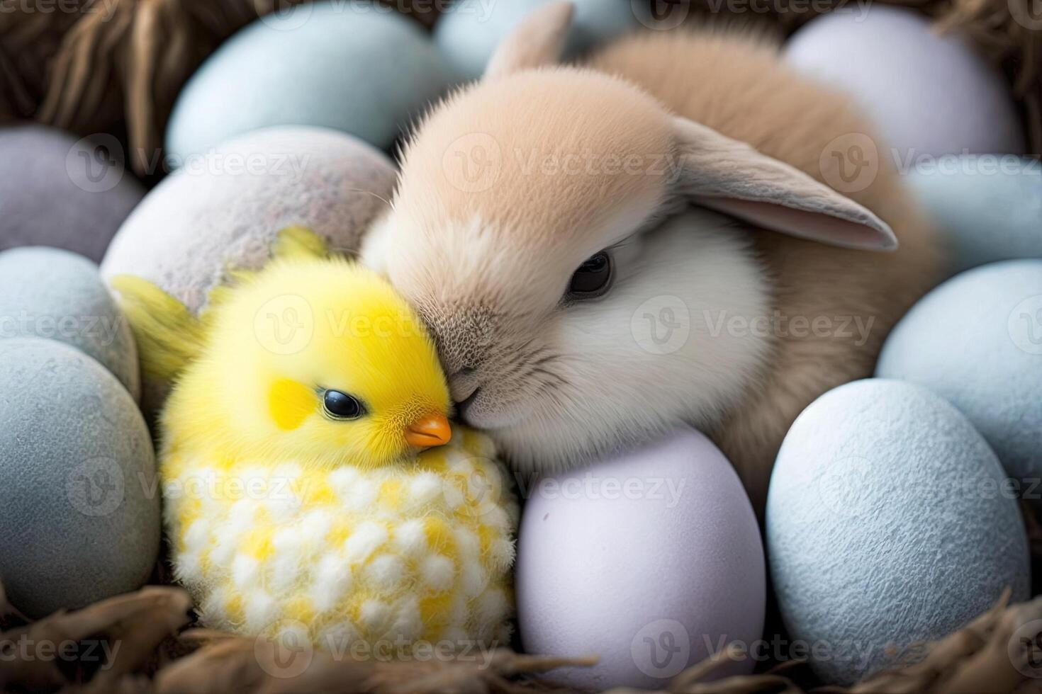 Cute bunny and chick cuddled up together, surrounded by pastel - colored Easter eggs Easter illustration photo