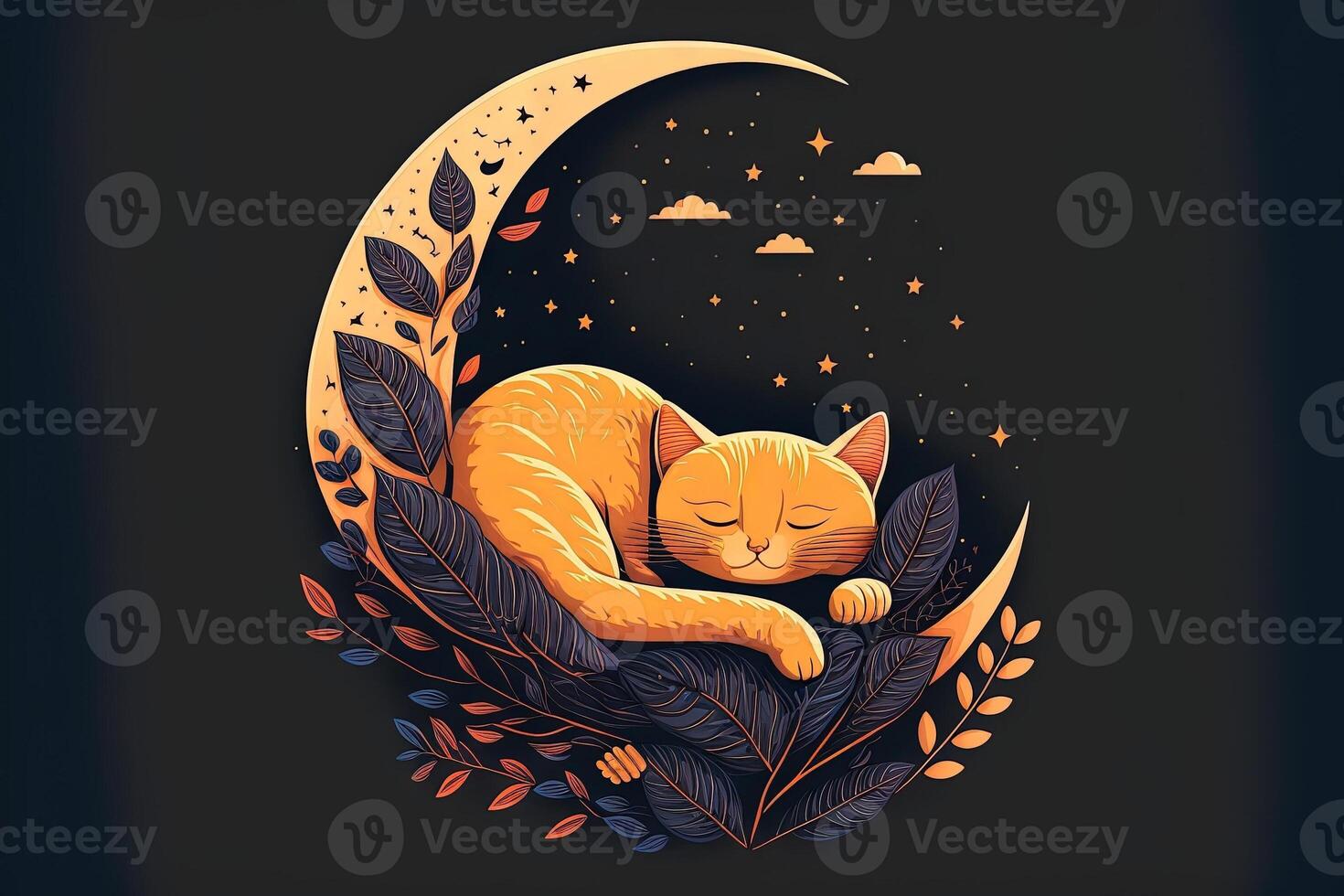 cat sleeping on half moon illustration photo