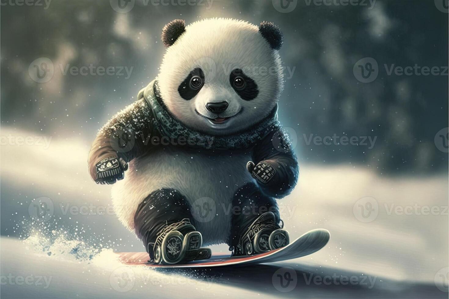 A little brave panda is riding a snowboard. Illustration photo