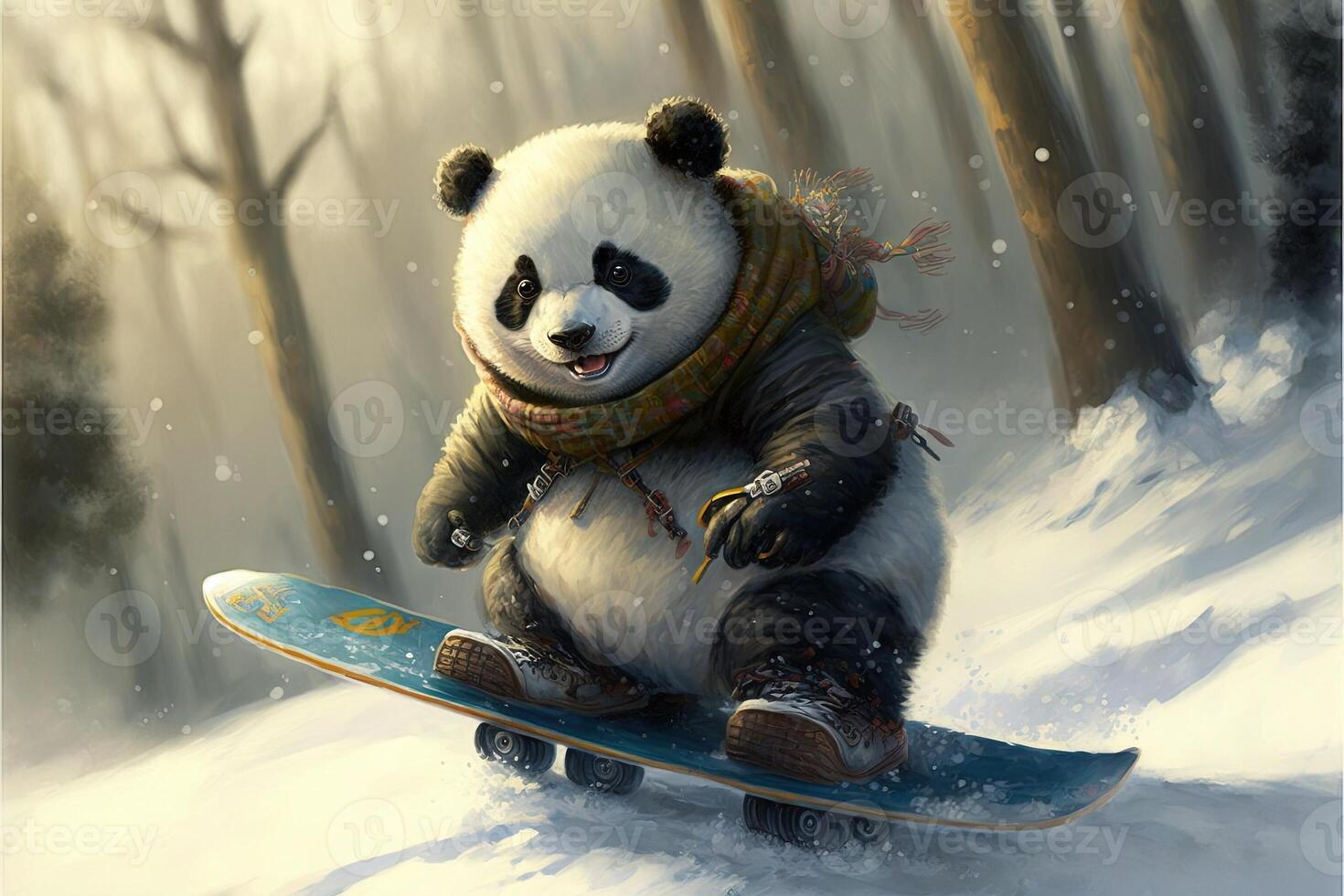 A little brave panda is riding a snowboard. Illustration photo
