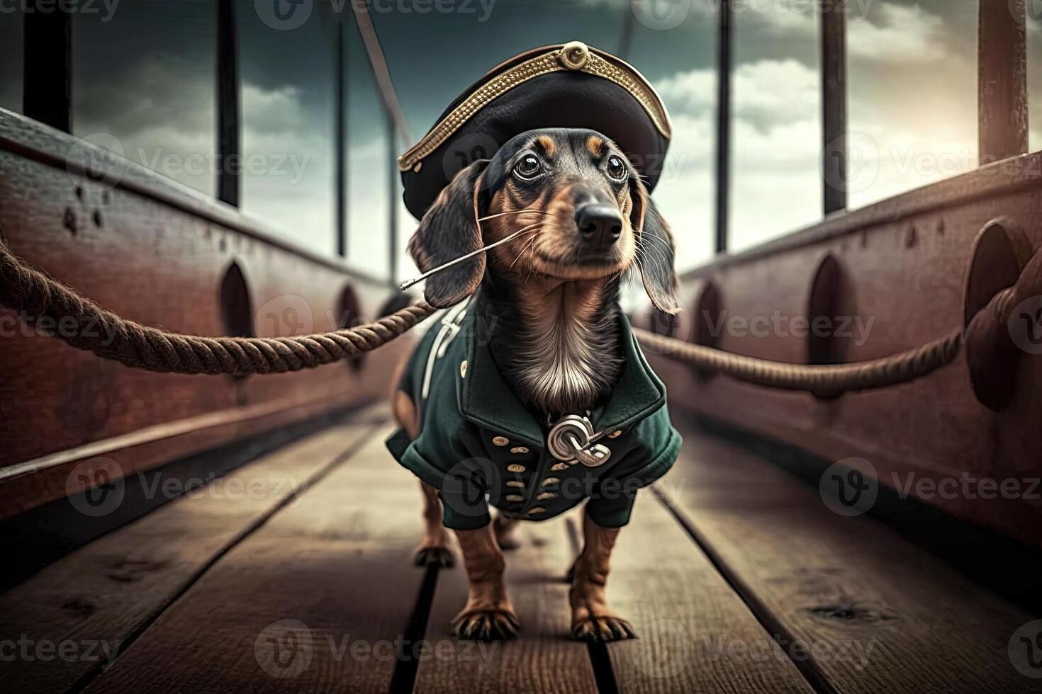 dachshund dog pirate on the ship illustration photo