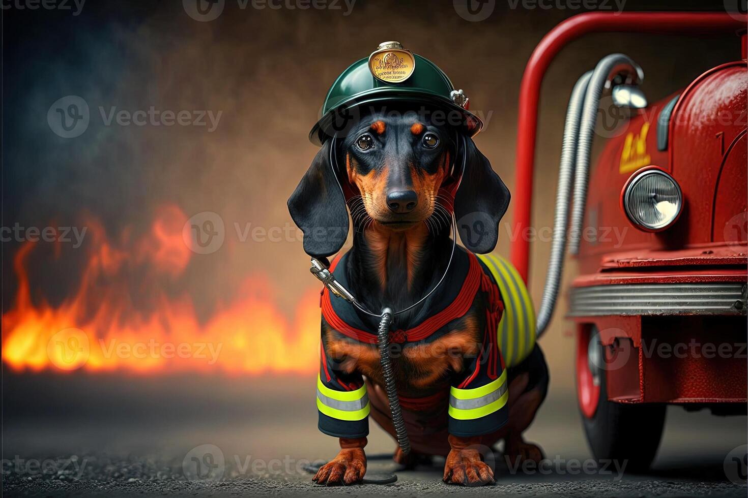 dachshund dog in a fireman suit and outfit illustration photo