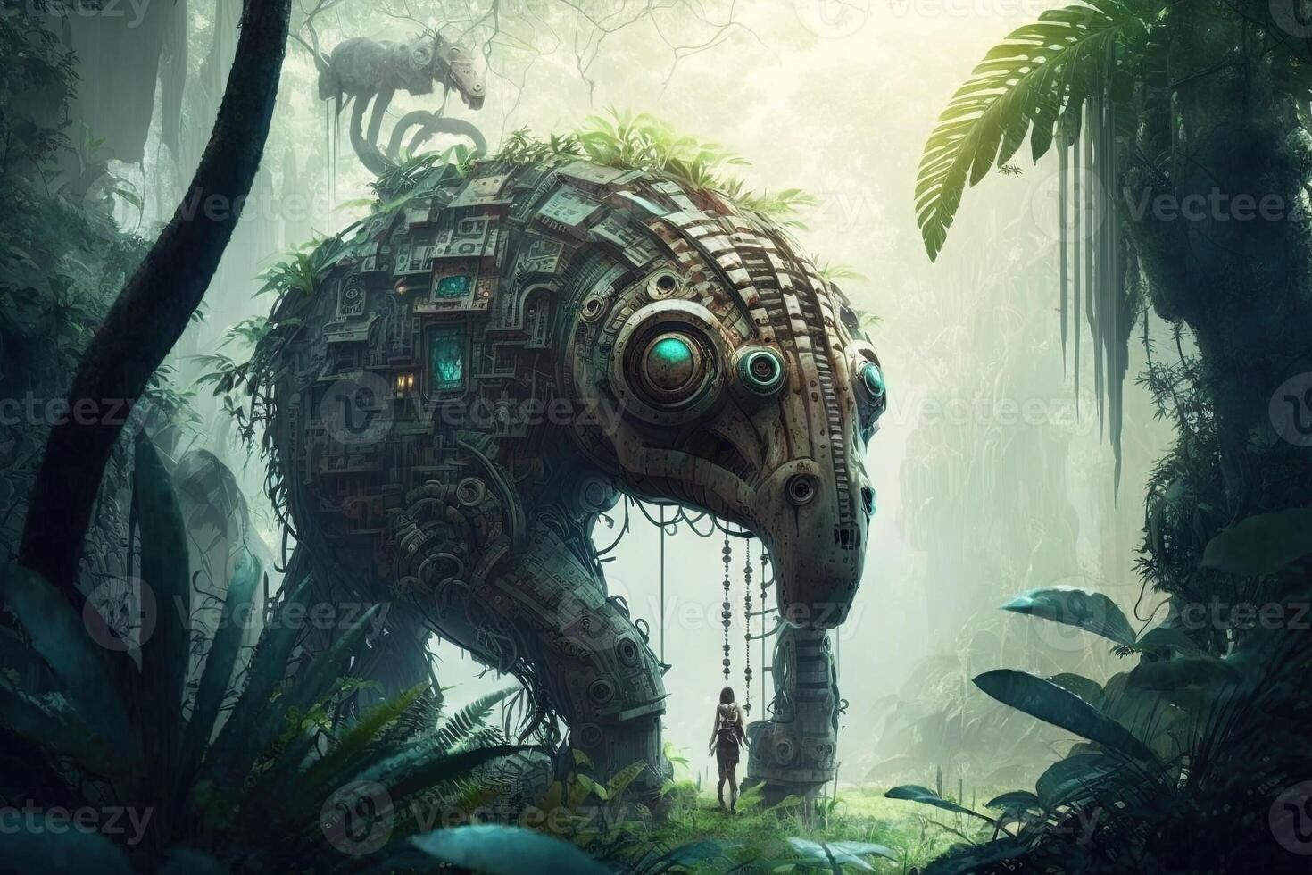 dense jungle with mechanical trees and animals, blending nature and technology in a unique way illustration photo