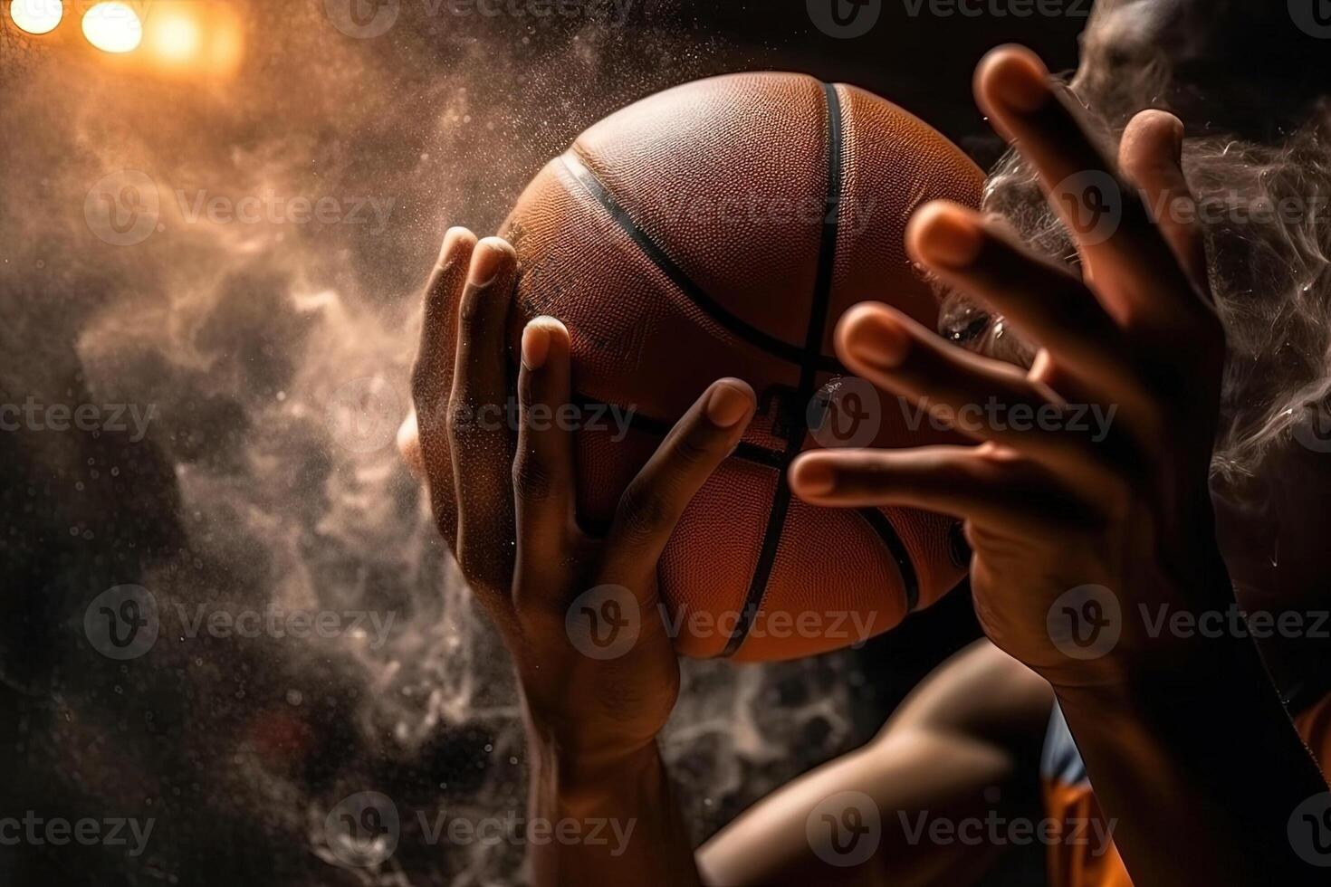 basketball player hands holding ball in explosion of energy and fire illustration photo