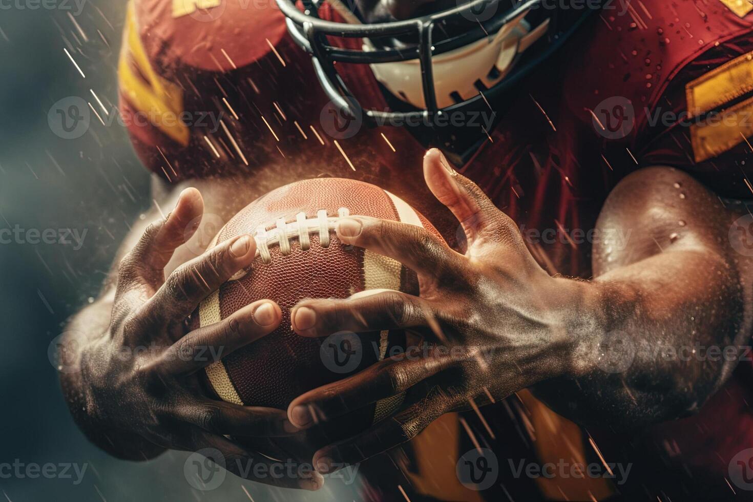 Under the rain detail of american football on player hands Sportsman in action. catching the ball illustration photo