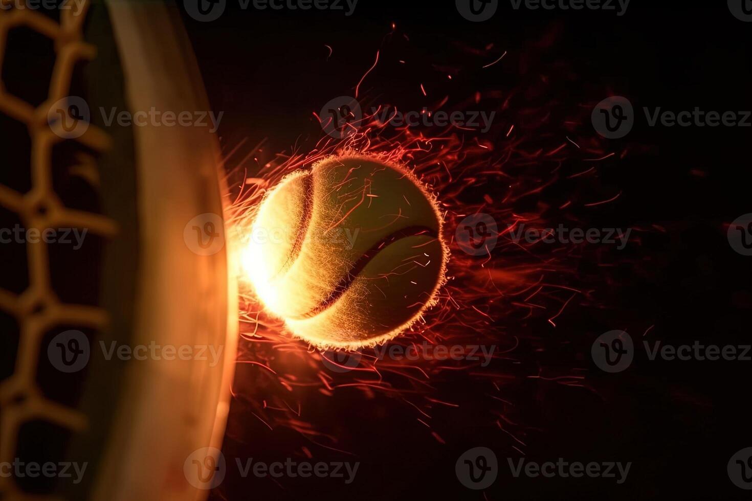 tenis raqueta golpear el pelota en energía detalle explosivo ilustración generativo ai foto