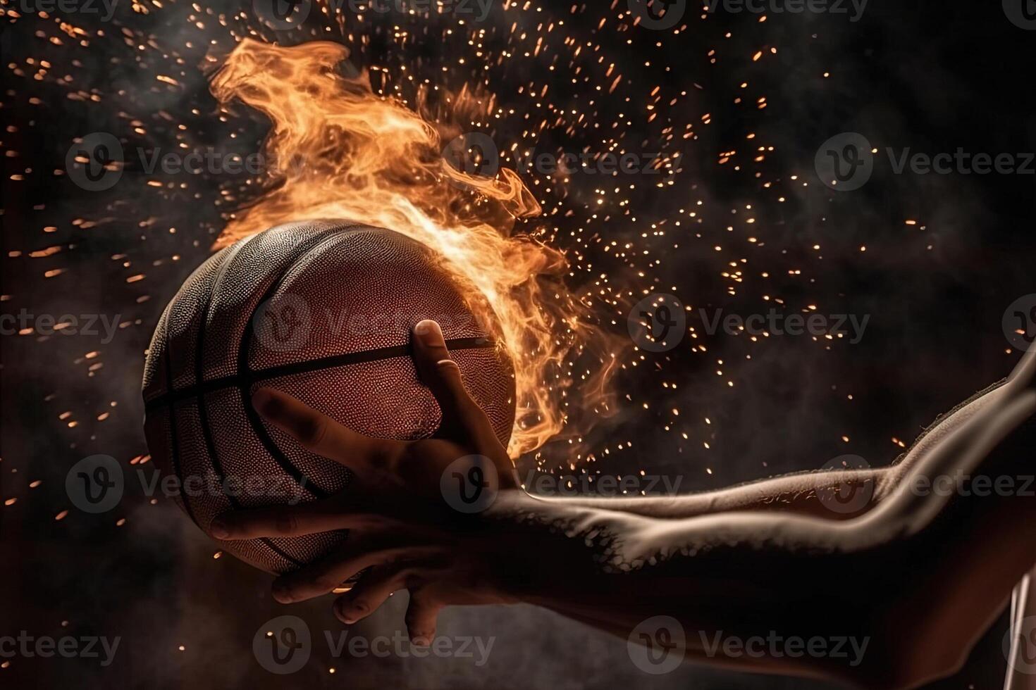 basketball player hands holding ball in explosion of energy and fire illustration photo