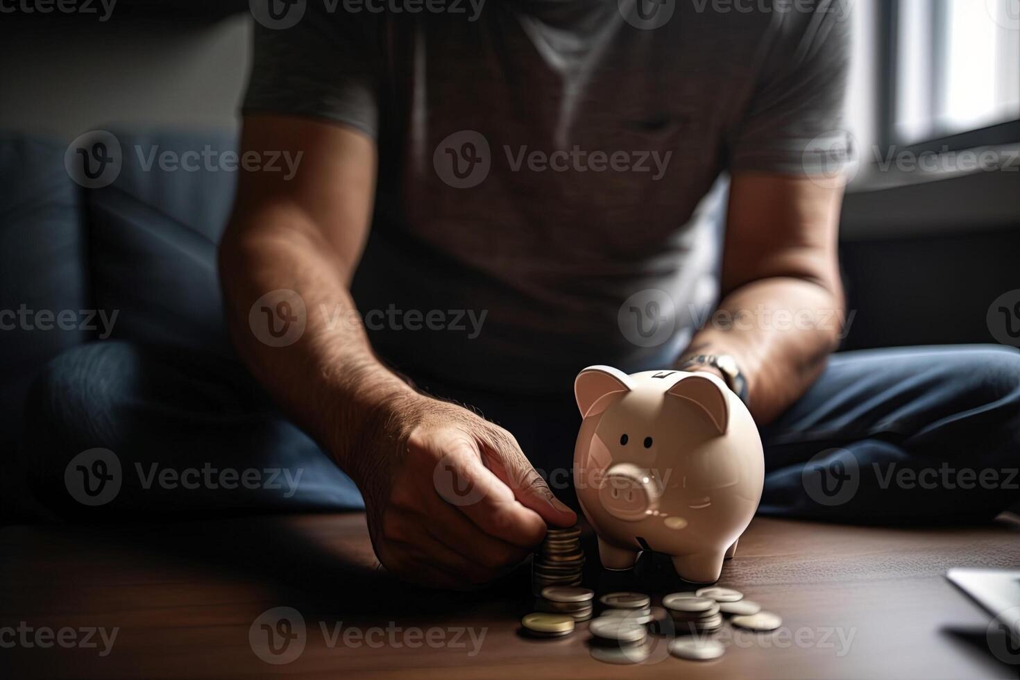 Concept hand putting money coin into piggy bank saving money for future plan and retirement fund, illustration photo