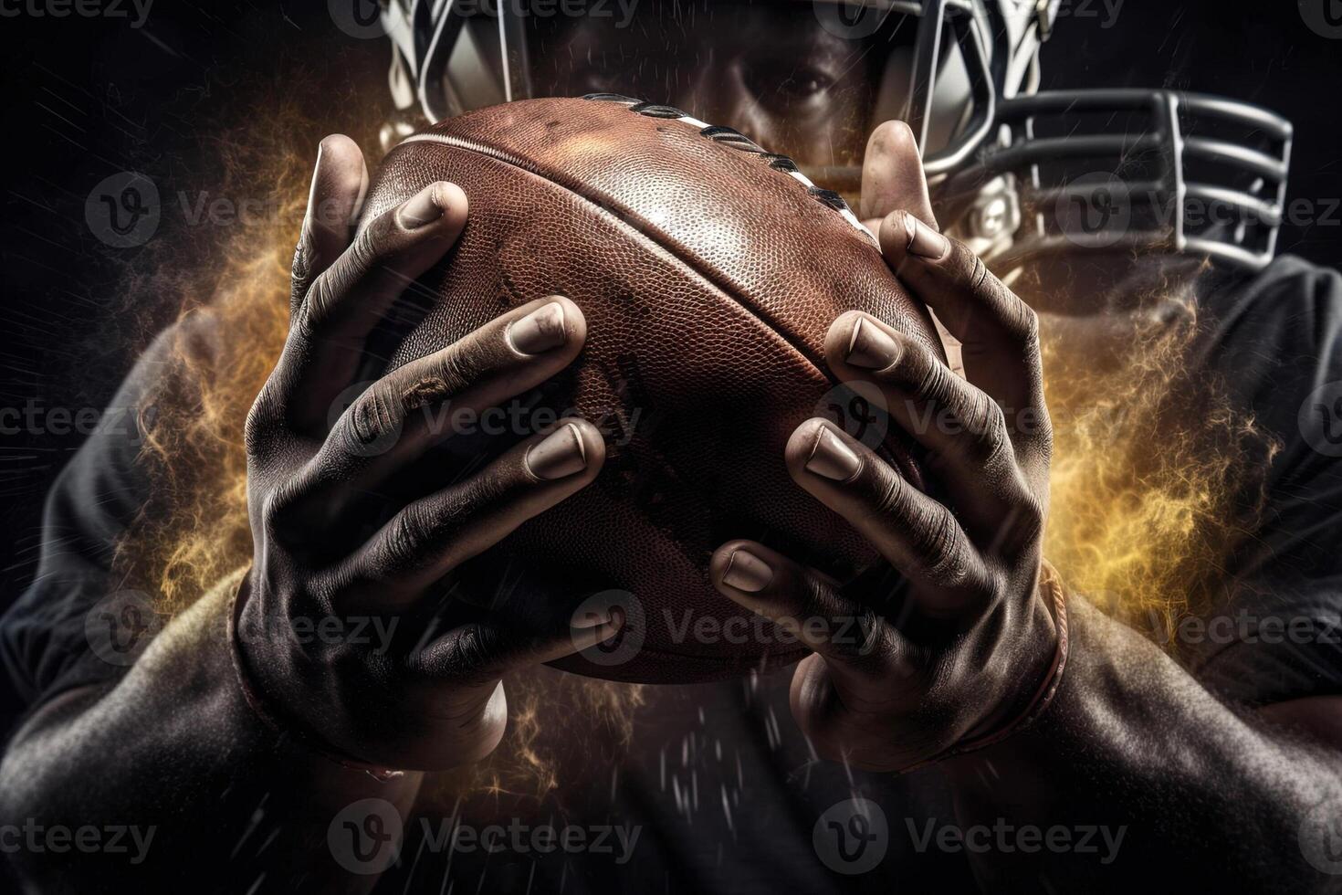 On fire detail of american football on player hands Sportsman in action. catching the ball illustration photo