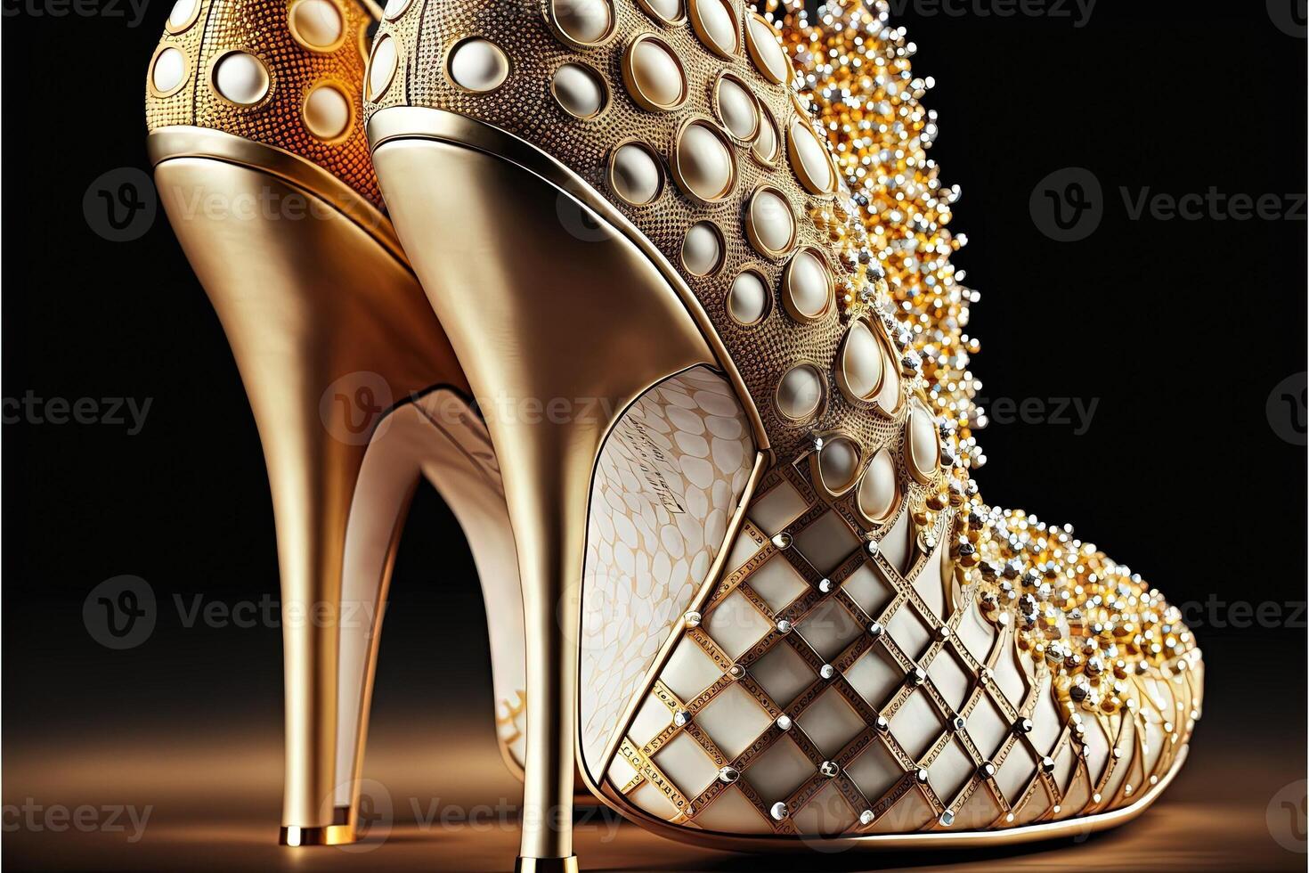 luxury gold and diamonds women shoes with high heels photo