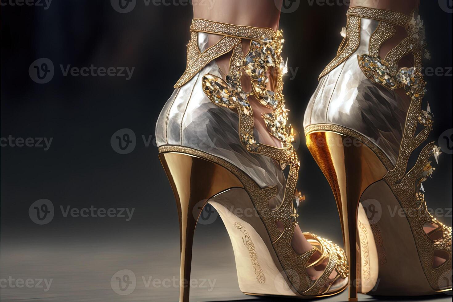 lujo oro y diamantes mujer Zapatos con alto tacones generativo ai foto