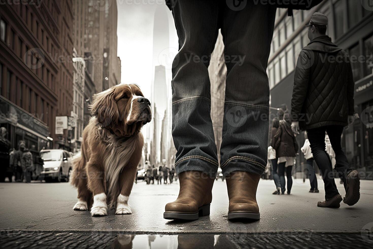 Dog walking with human in the city illustration photo