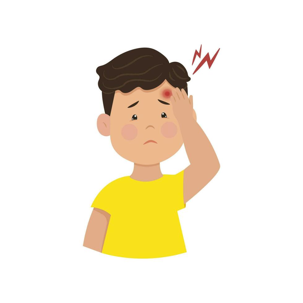 Headache in children. Upset boy holding his head. Children's migraine