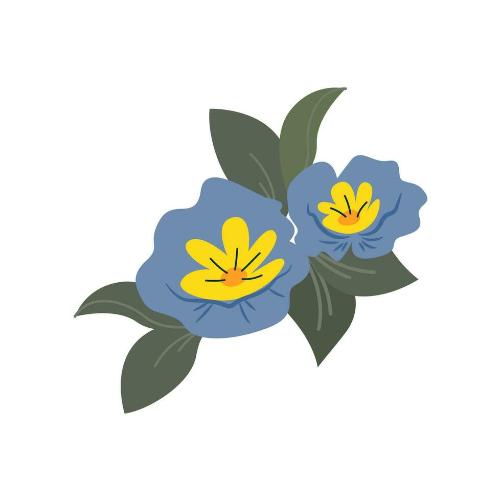 Yellow blue flower with leaves on a white background, Vector illustration