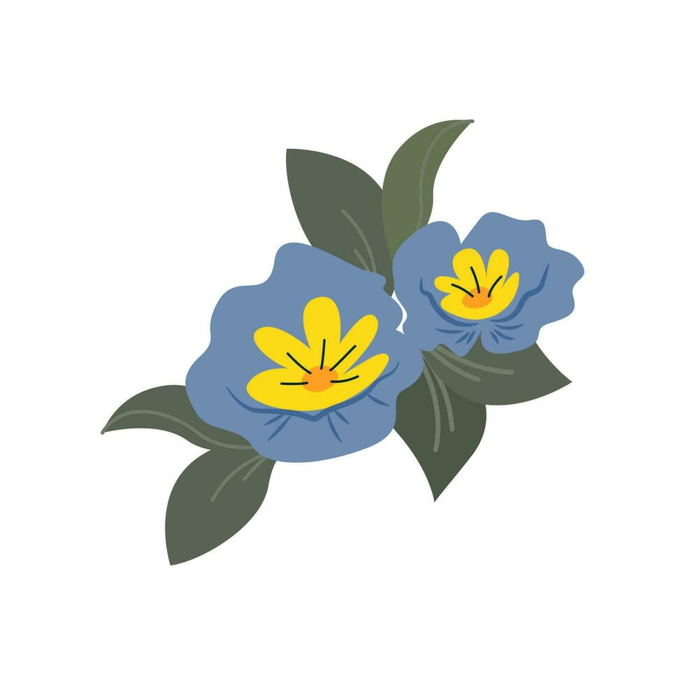 amarillo azul flor con hojas en un blanco fondo, vector ilustración