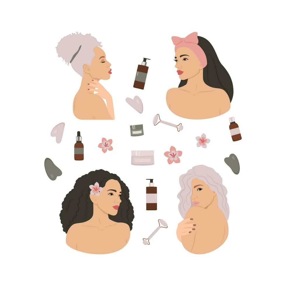 cara cuidado, joven hermosa mujer tomar cuidado de su rostro, cosmético procedimientos. vector ilustración