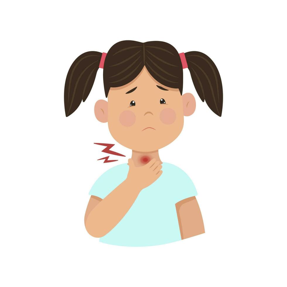 niño tiene un dolorido garganta, triste niña sostiene su cuello. dolorido garganta, inflamación. vector ilustración. niño infecciones