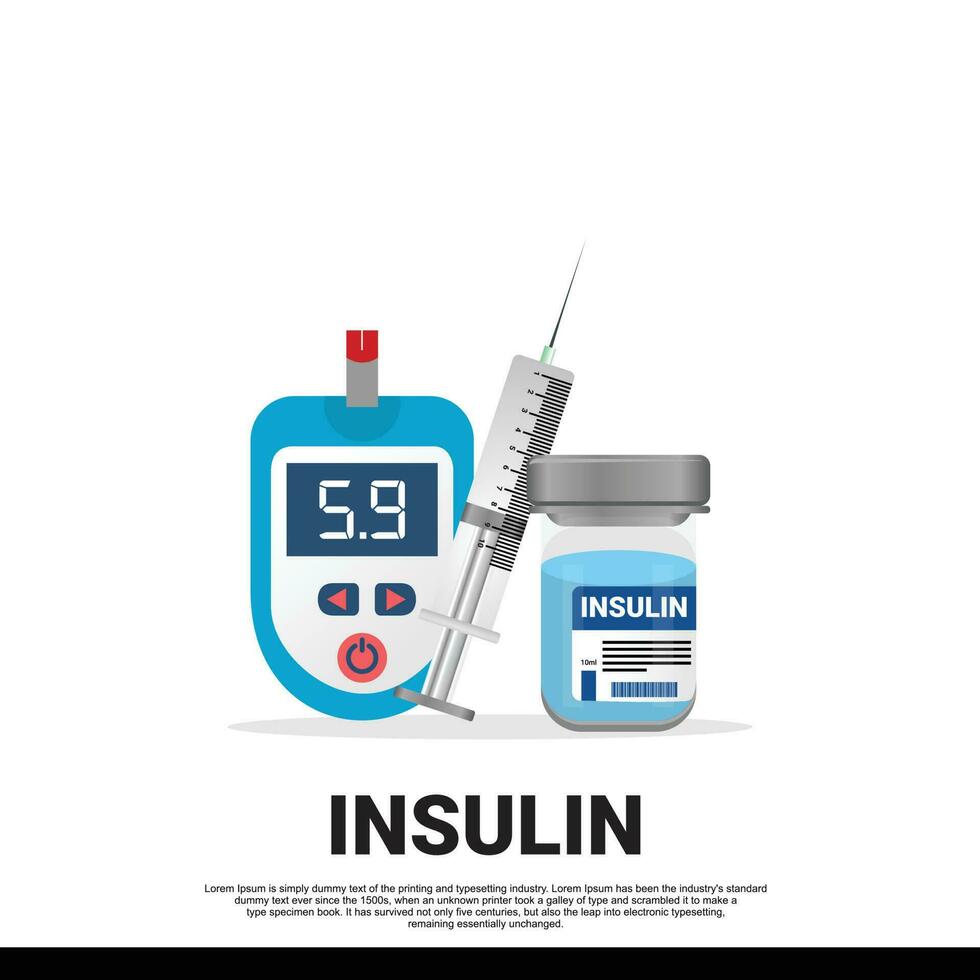 Insulin syringe, blood glucose testing meter and insulin bottle in flat style icon are shown for type 2 diabetes control vector