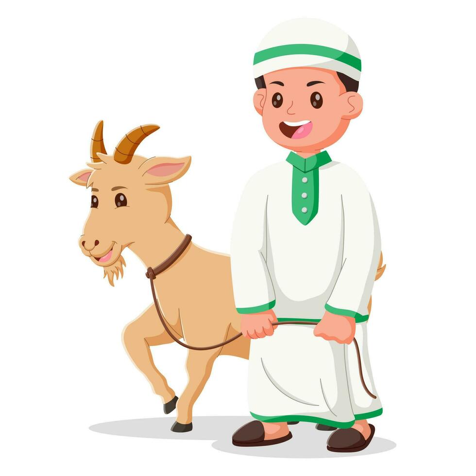 Cute moslem boy with goat cartoon. Hand drawn eid al-adha boy and goat illustration, eid al adha mubarak character. Vector illustration