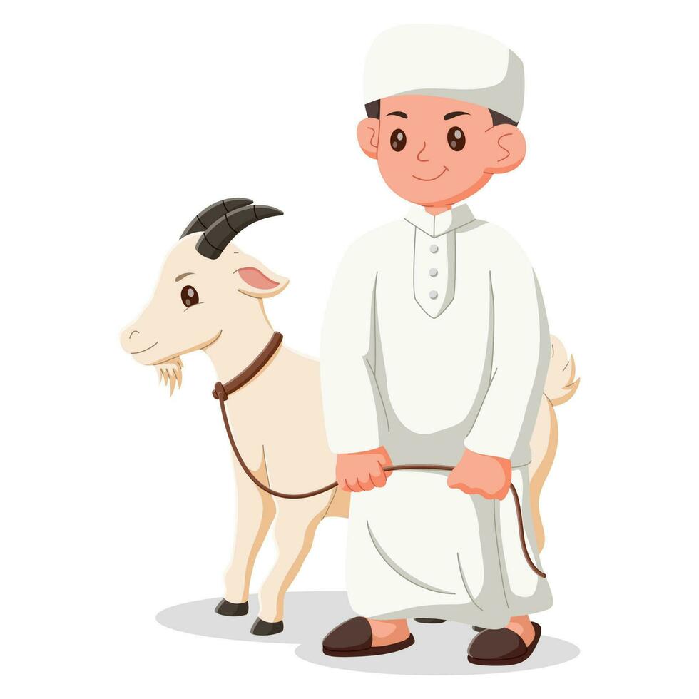 Cute moslem boy with goat cartoon. Hand drawn eid al-adha boy and goat illustration, eid al adha mubarak character. Vector illustration