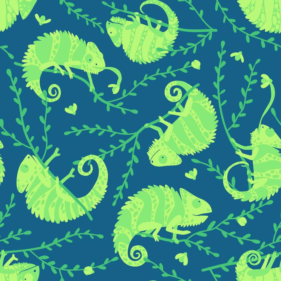 Seamless pattern for children's clothing with chameleons on the branches vector