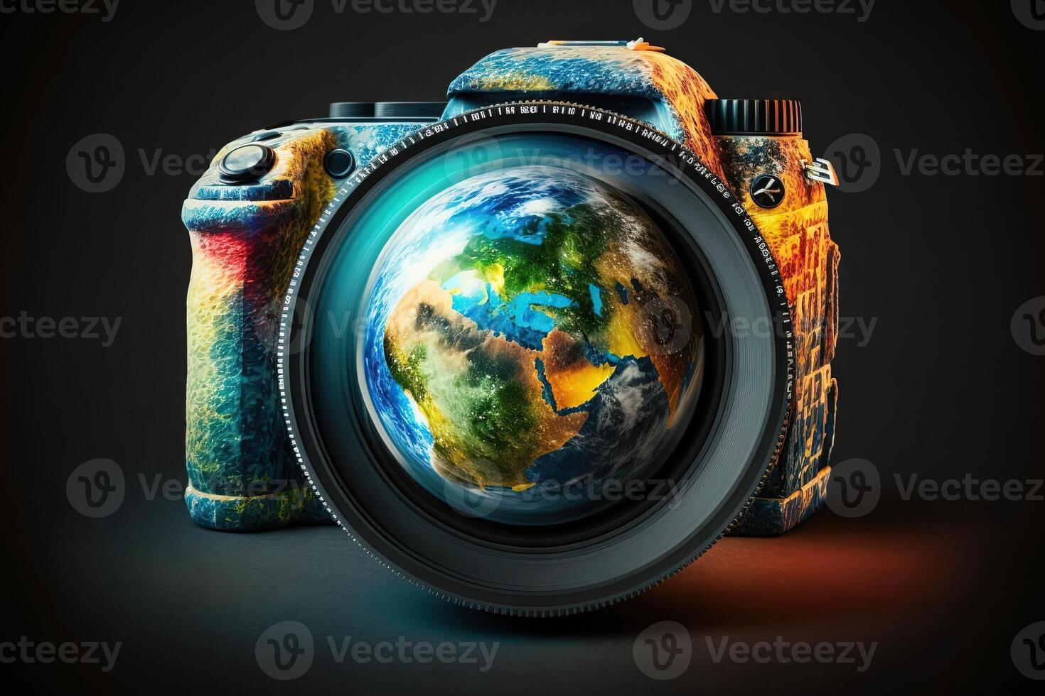 mundo fotografía día tierra globo en formar de cámara ilustración generativo ai foto