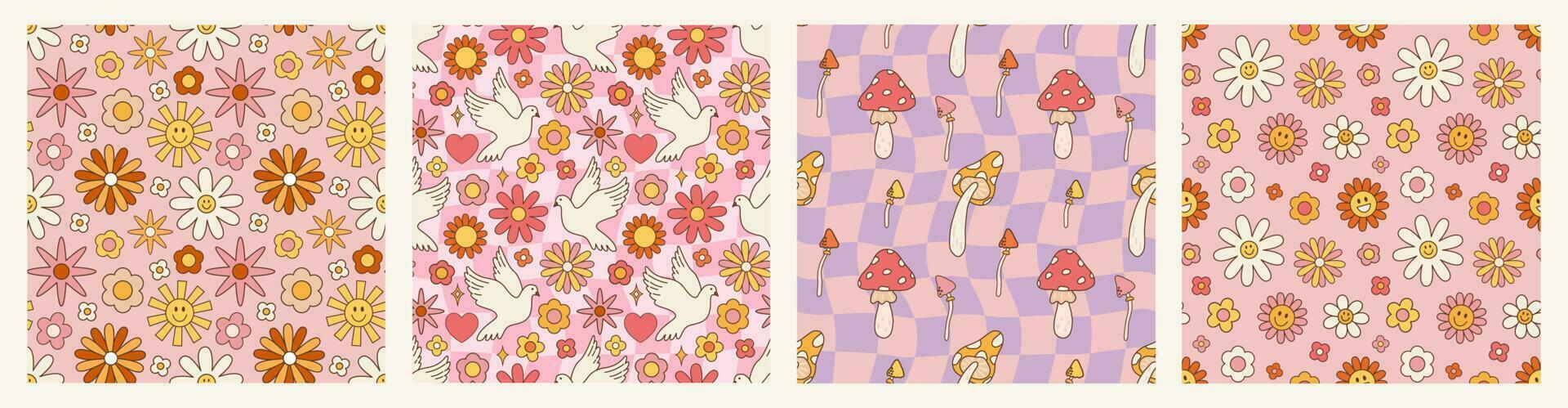 Retro psychedelic set 60s 70s vector seamless patterns, groovy hippie style background. Cartoon print with flowers and mushrooms, set in hippie style