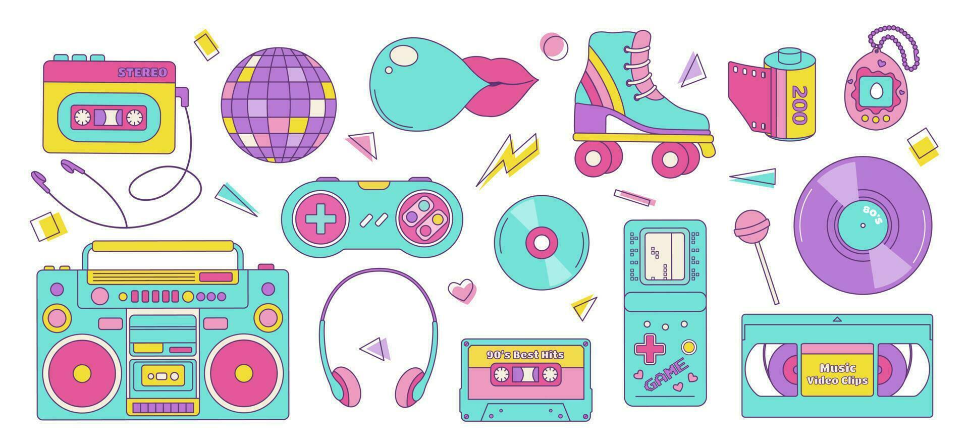 Set of colorful elements 80s 90s, retro badge, emblem, fashionable patch. Vector illustration