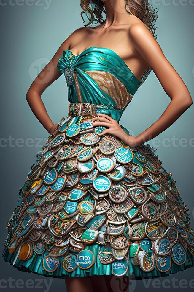 Fashion dress made by recycled garbage plastic illustration