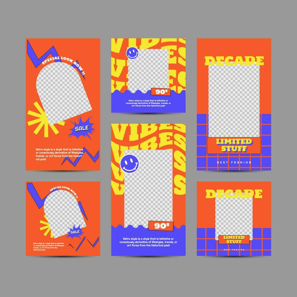 Modern fashion sale social media post templates with 90's style vector