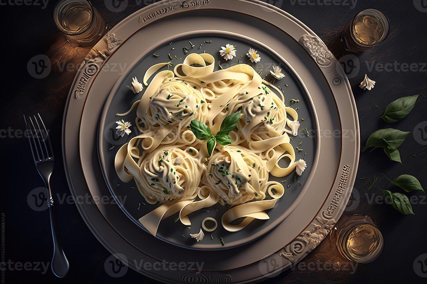 Fetuccini Alfredo Pasta plate view from the top isolated on black background illustration photo