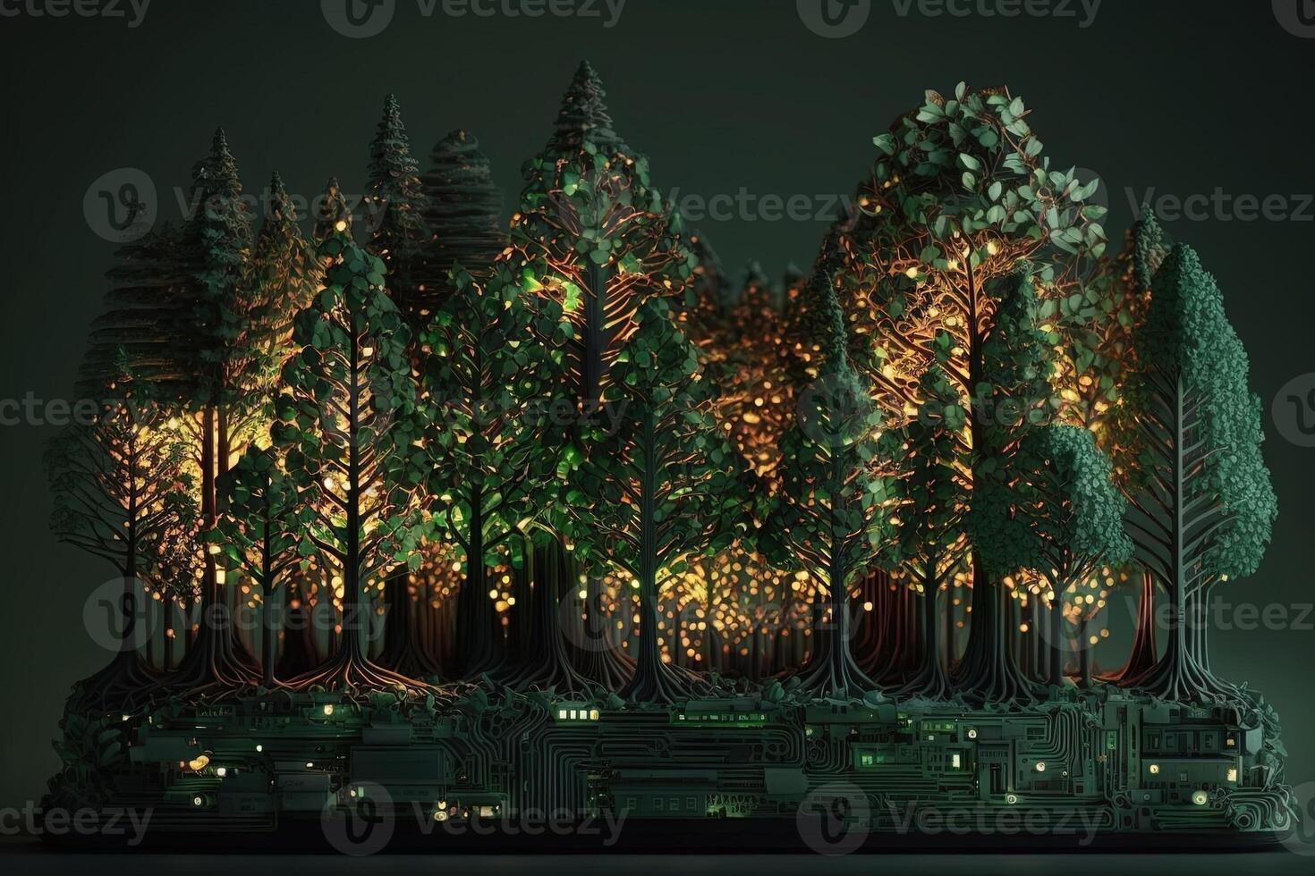 forest of trees that are made out of circuit boards and other electronic components, with glowing LED lights replacing the leaves illustration photo