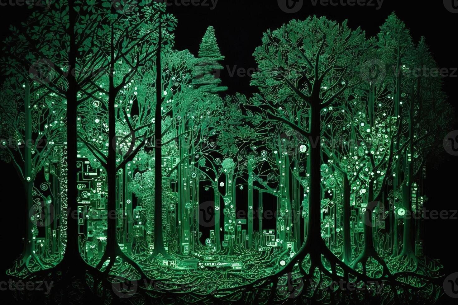 forest of trees that are made out of circuit boards and other electronic components, with glowing LED lights replacing the leaves illustration photo