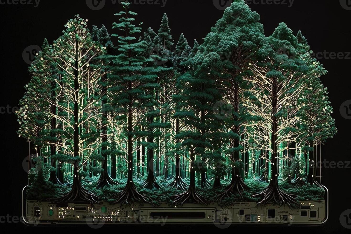 forest of trees that are made out of circuit boards and other electronic components, with glowing LED lights replacing the leaves illustration photo