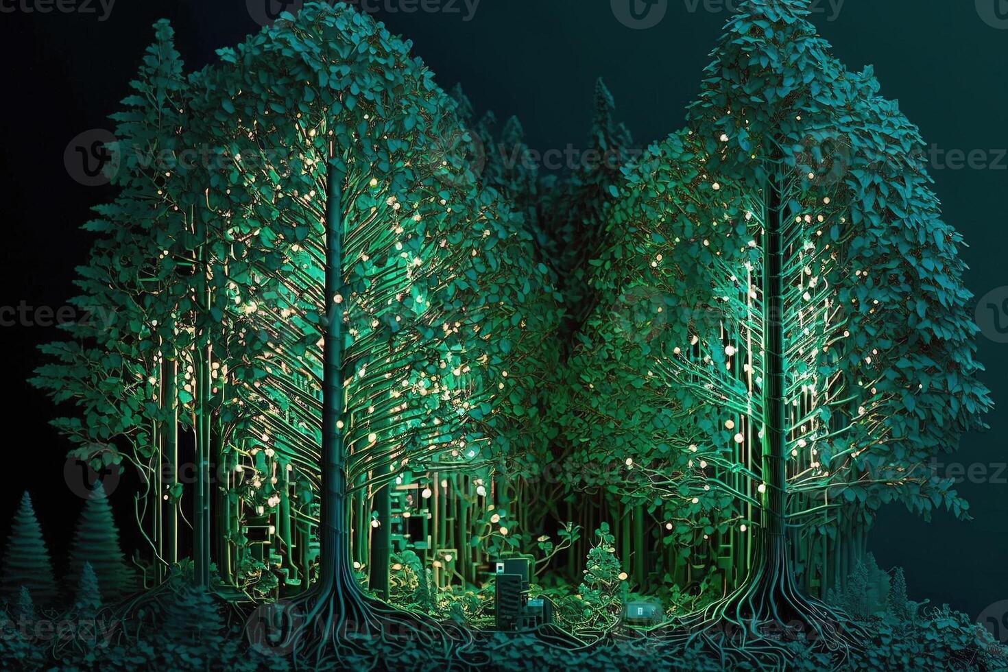 forest of trees that are made out of circuit boards and other electronic components, with glowing LED lights replacing the leaves illustration photo