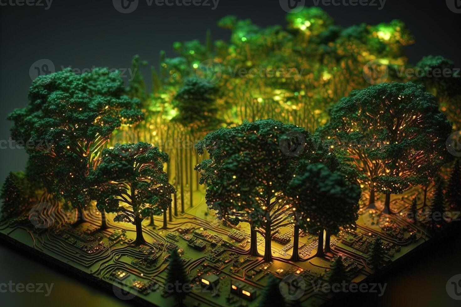 forest of trees that are made out of circuit boards and other electronic components, with glowing LED lights replacing the leaves illustration photo