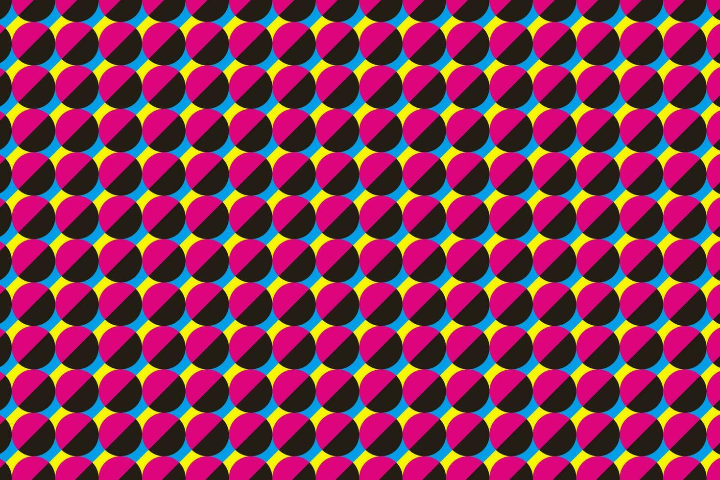 Black, pink, blue, and yellow semicircle and diagonal star tessellation pattern. Vector illustration.