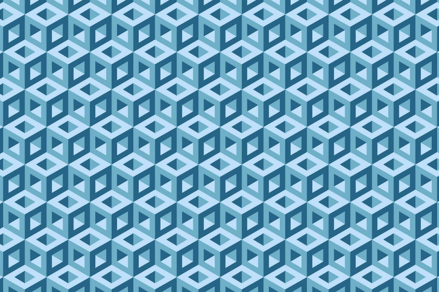3d blue optical illusion hexagonal cubic block seamless pattern. Vector background.