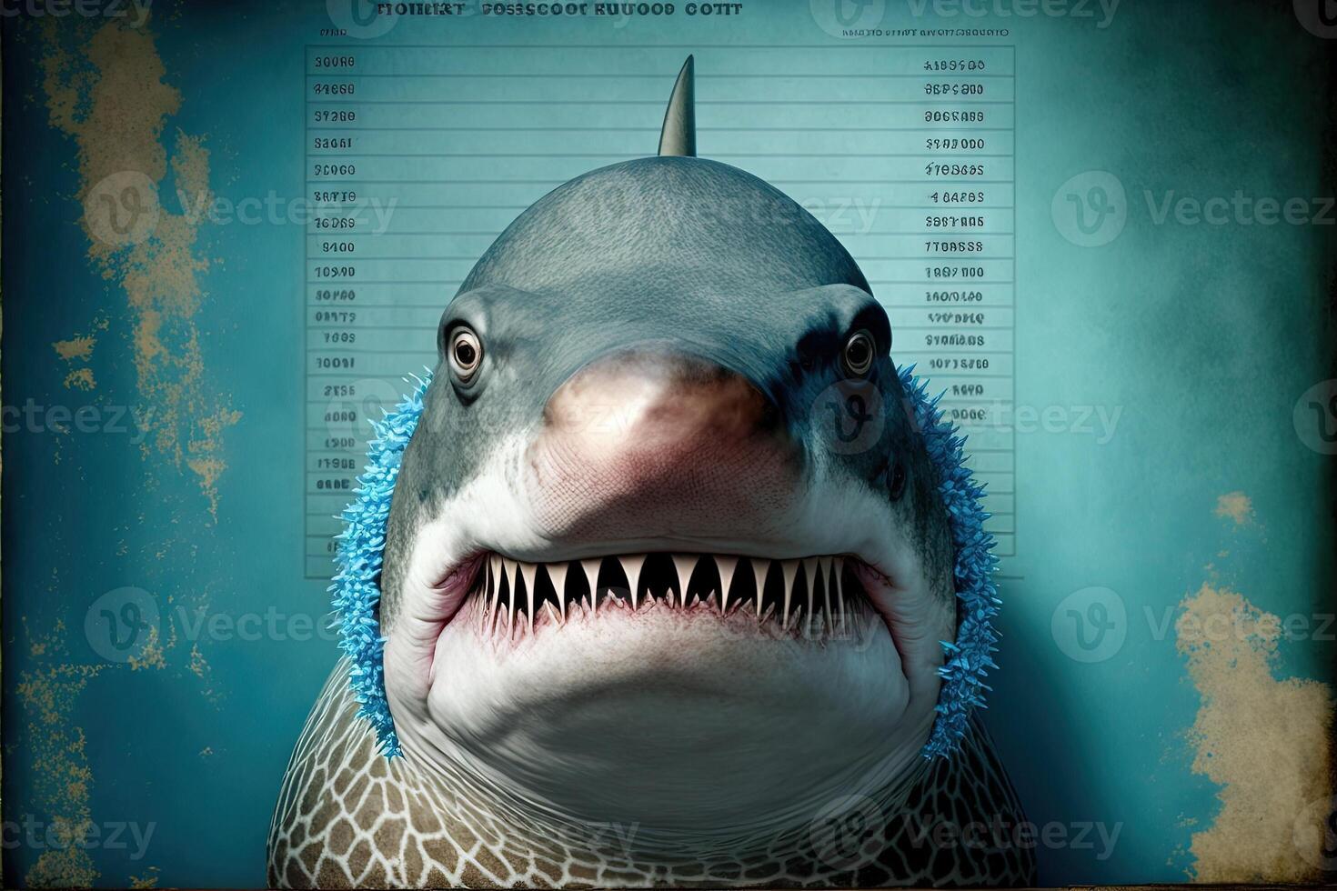 police mugshot line great white shark jaws close up portrait while looking at you illustration photo