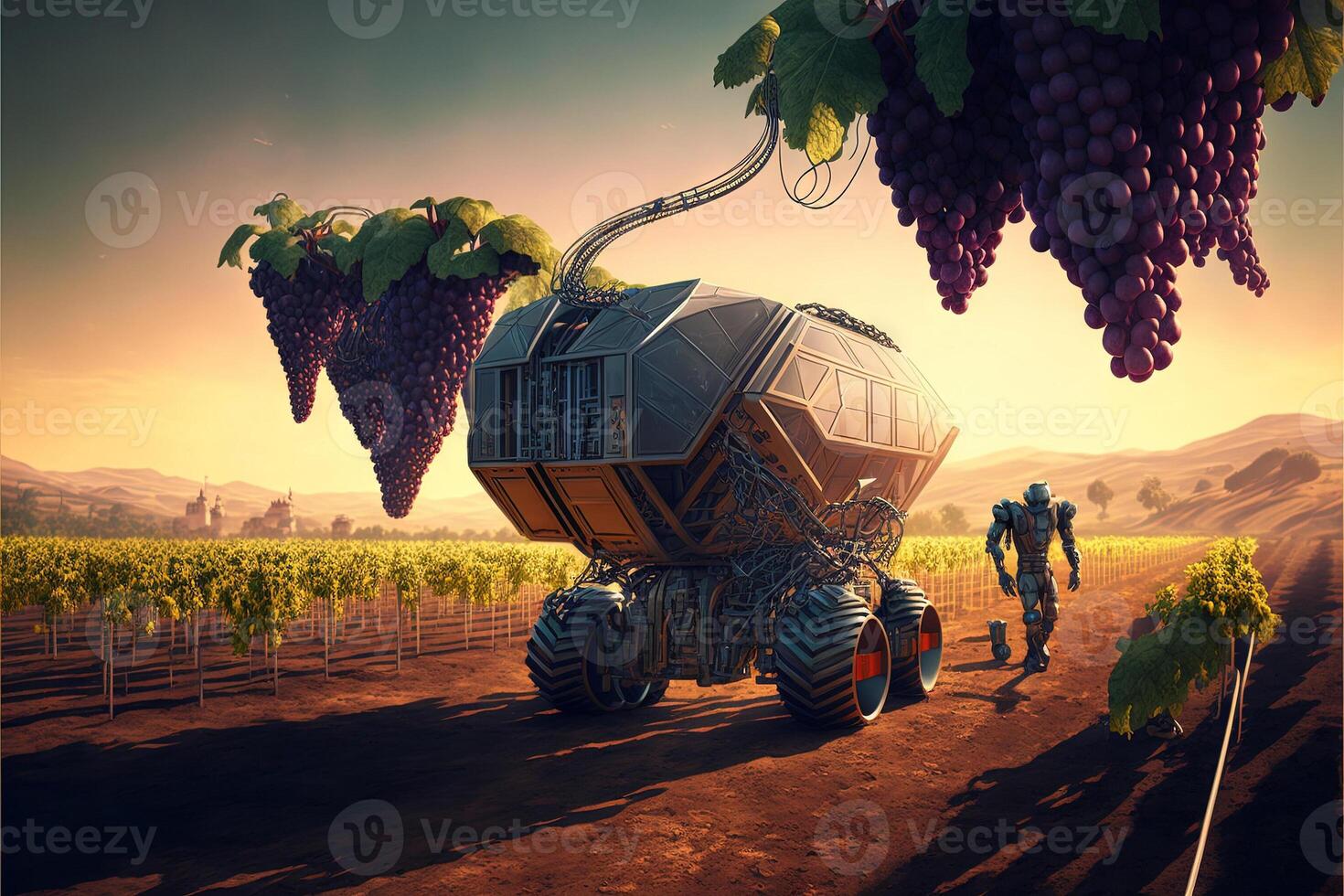 future vineyard where technology is used, robots are harvesting grapes llustration photo