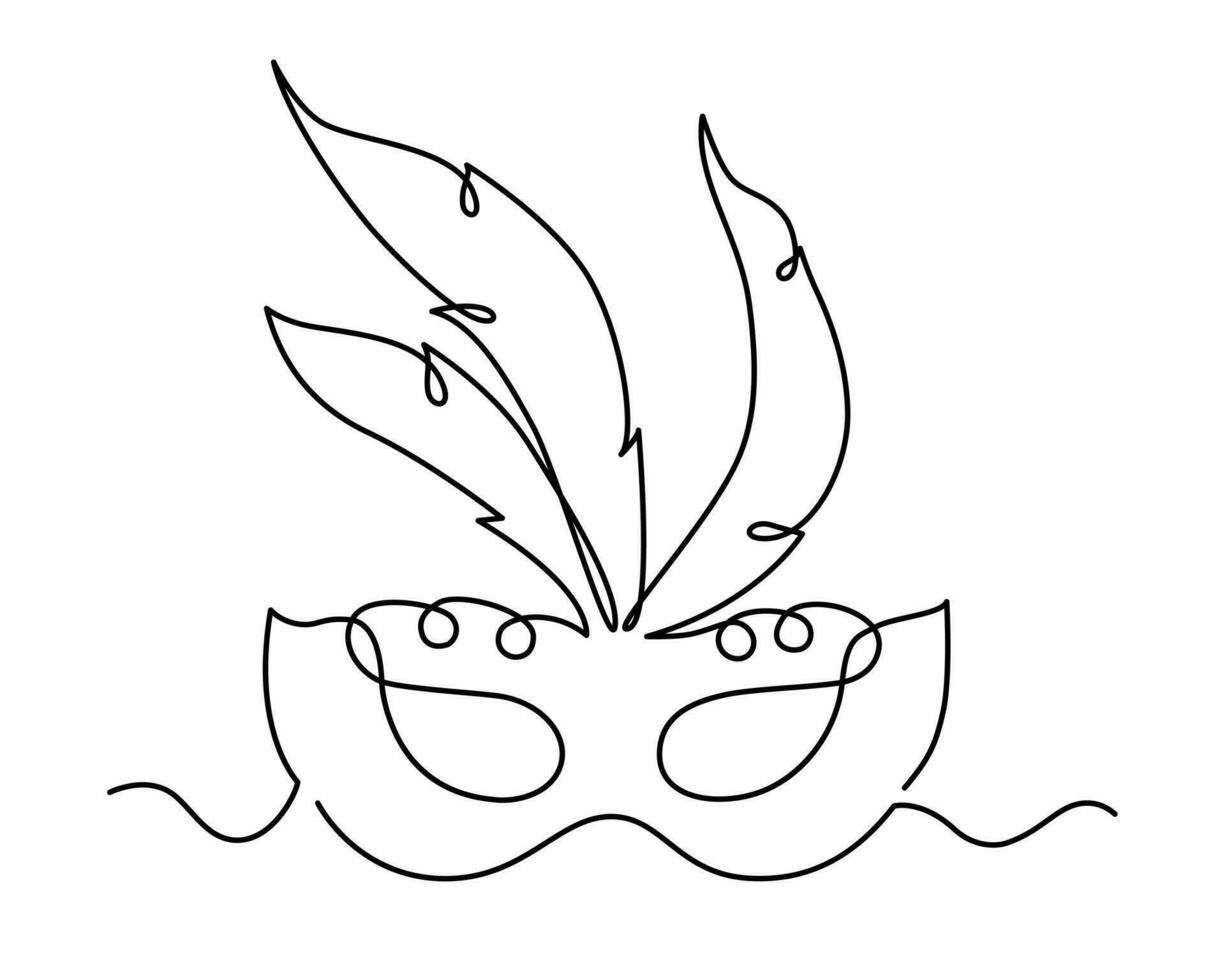 Carnival feather mask single line art drawing. Black and white elegant