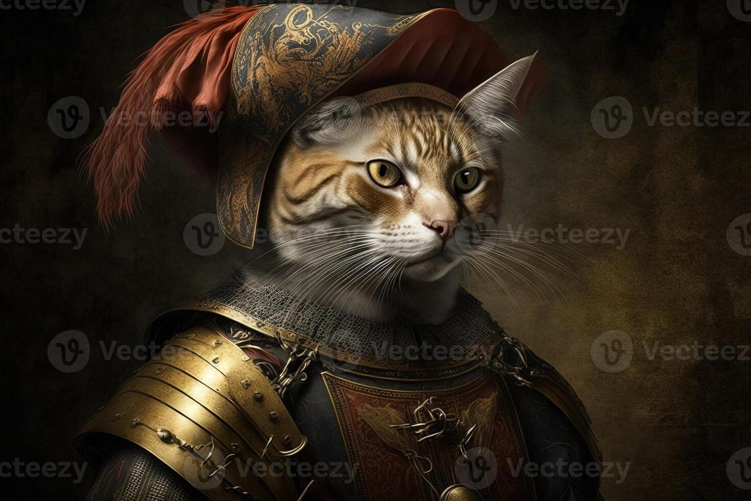 Adventurer conquistador conqueror spanish as cat famous historical character portrait illustration photo