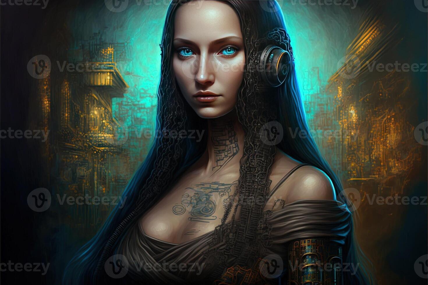 futuristic cyberpunk mona lisa portrait illustration photo