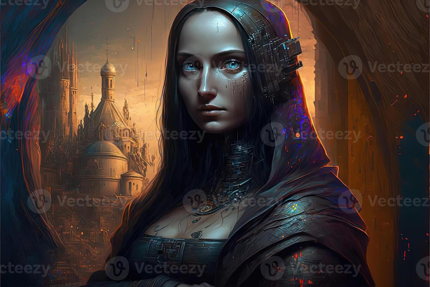 futuristic cyberpunk mona lisa portrait illustration photo