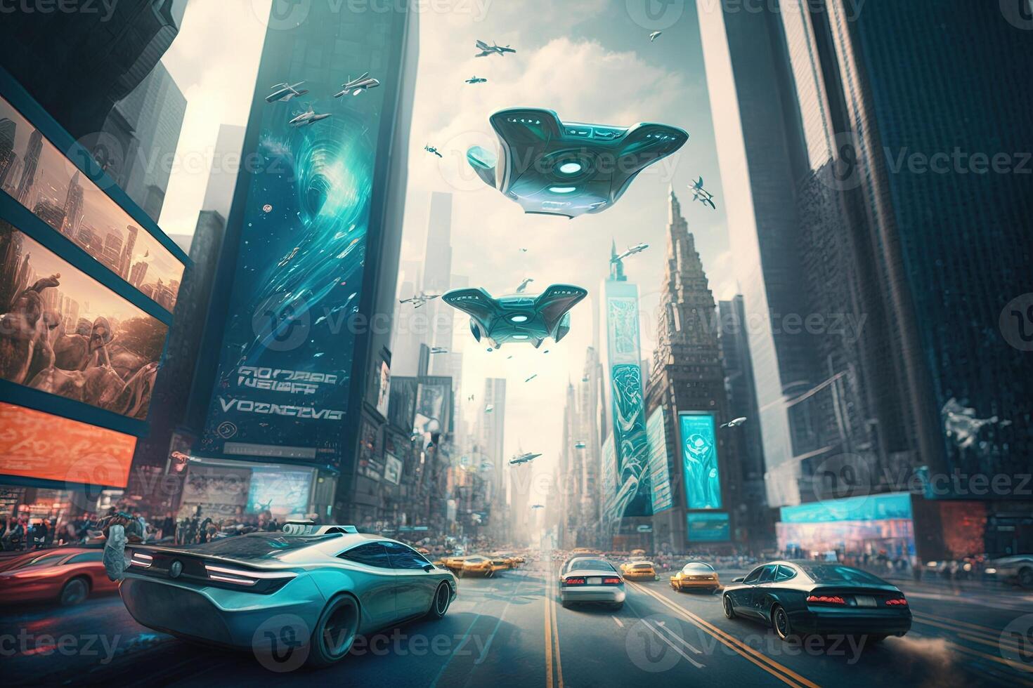 futurista nuevo York ciudad paisaje urbano con volador carros y holográfico anuncios ilustración generativo ai foto