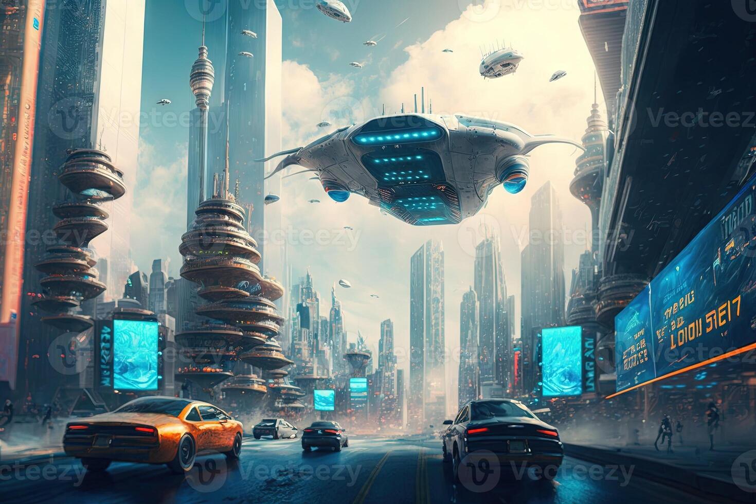 futurista nuevo York ciudad paisaje urbano con volador carros y holográfico anuncios ilustración generativo ai foto