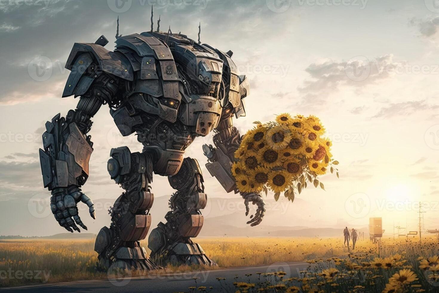 Giant robot holding a bouquet of flowers and walking through a field of sunflowers illustration photo