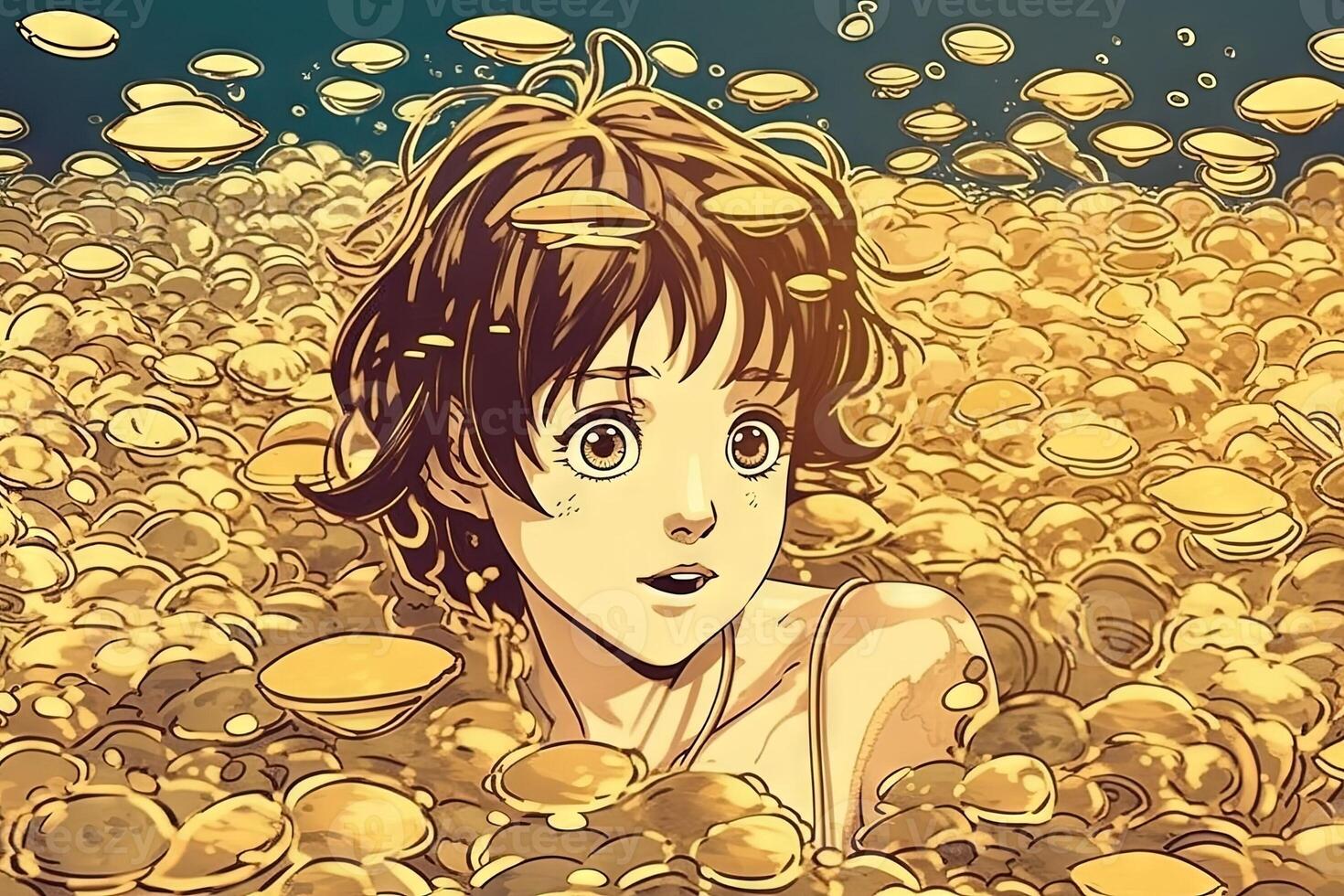 Girl swimming in a sea made out of gold coins, pretty anime manga character illustration photo